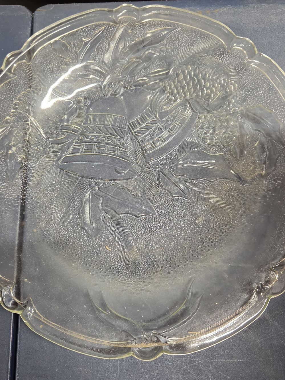 Clear Glass Holiday Bell & Pinecone Decorative Plate